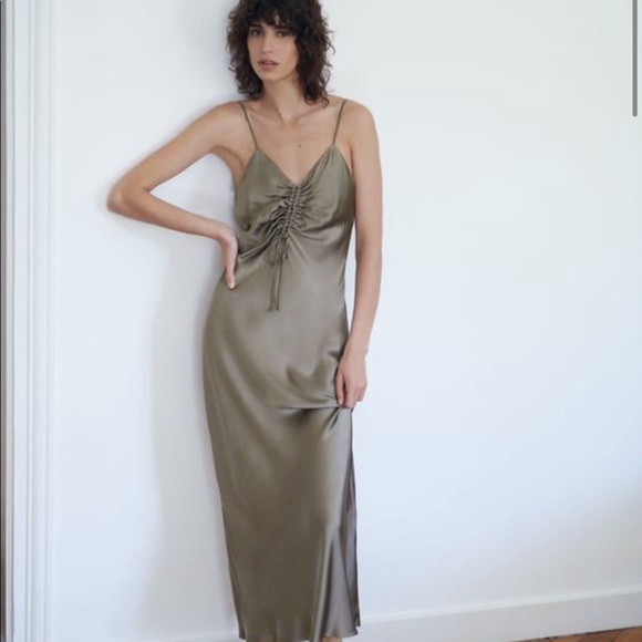 Zara Dresses Nwt Zara Sage Green Slip Dress With Front Ruching